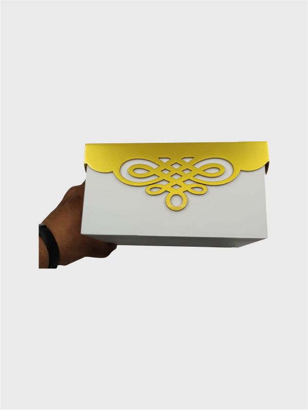 Premium MDF box with sleek white base and metallic gold lid – side view