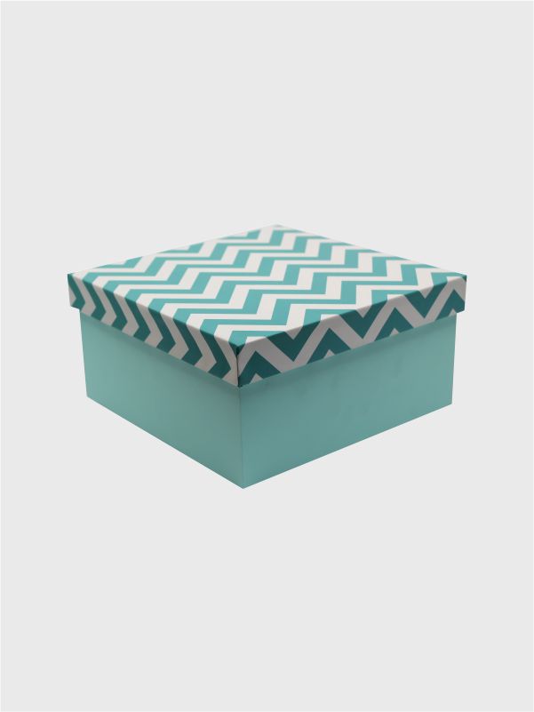 Lift-off lid MDF gift box with green painted base and printed chevron lid – angled view