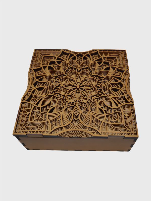 Top view of intricately designed multi-layer jaali lid MDF box – premium handcrafted packaging.