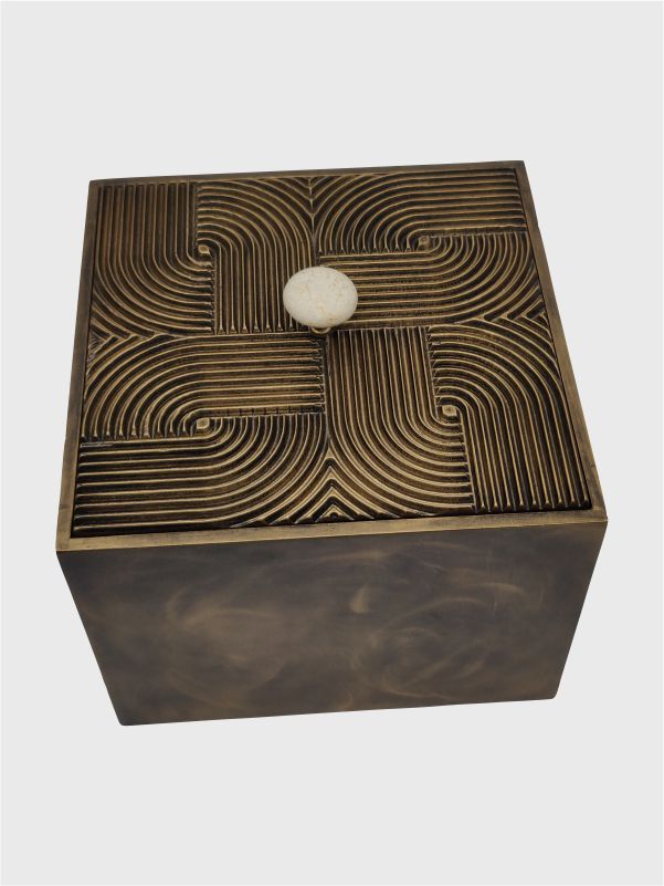 Top view of a handcrafted MDF gift box with a 3D carved lid, finished in antique gold with a textured surface – perfect for luxury gifting and special occasions.