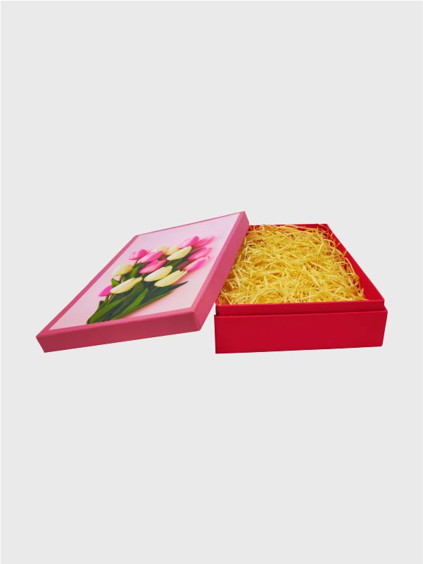 Front view of the rigid gift box with lid leaning against the base, showing shoulder neck style